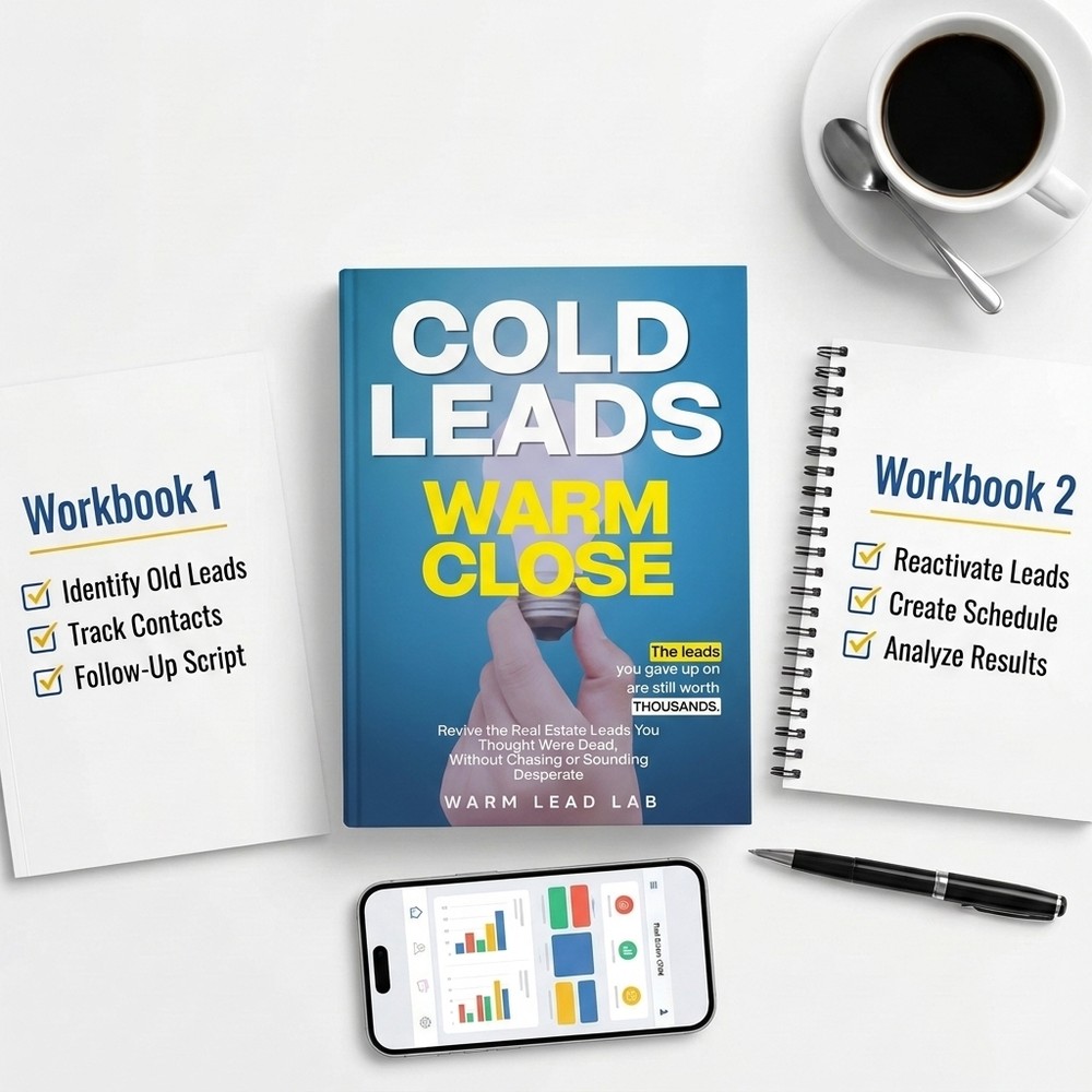 Cold Leads, Warm Close book with the two bonus workbooks and a real estate CRM app on a desk